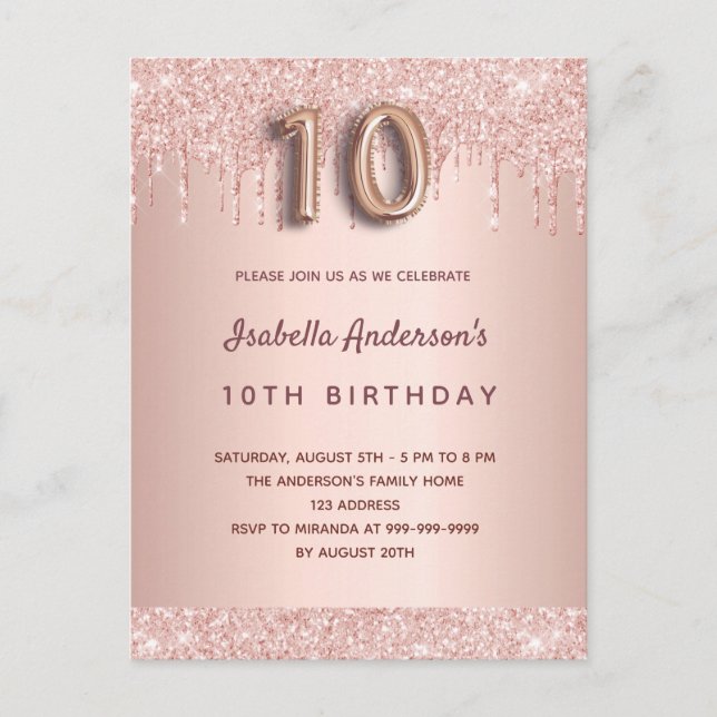 10th birthday rose gold glitter drips pink glam postcard (Front)