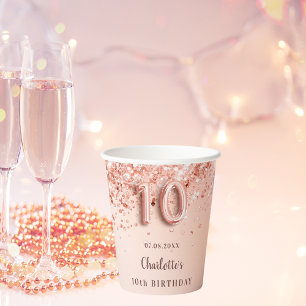 10th birthday rose gold glitter monogram name paper cups