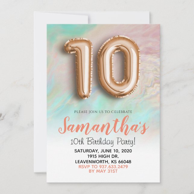 10th Birthday Rose Gold Marble Invitation (Front)