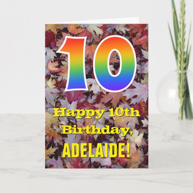 10th Birthday; Rustic Autumn Leaves; Rainbow "10" Card (Front)