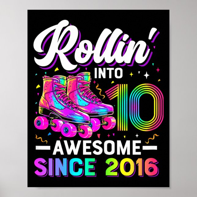 10th Birthday Shirt Girl 10 Year Old Roller Skate  Poster (Front)