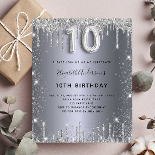 10th birthday silver glitter budget invitation flyer