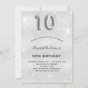 10th birthday silver glitter invitation