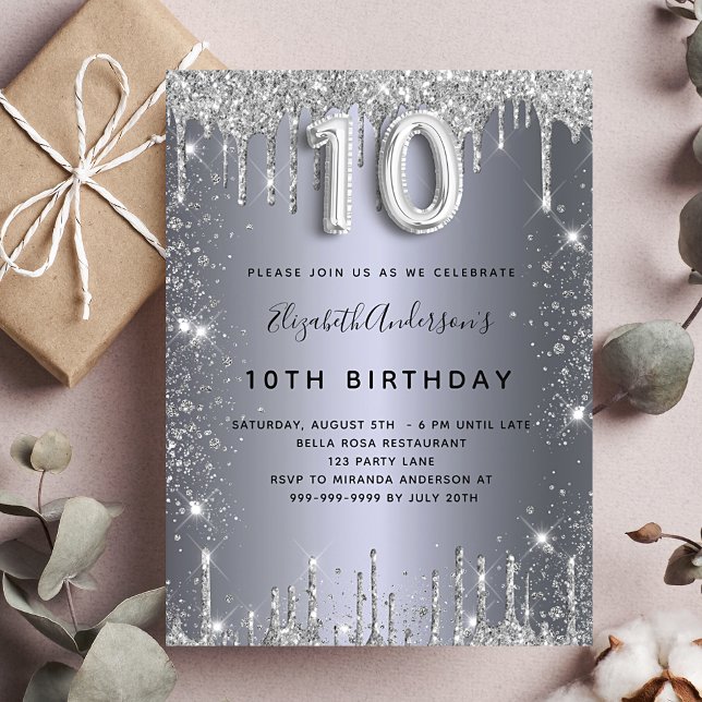 10th birthday silver metal glitter dust invitation postcard (Creator Uploaded)