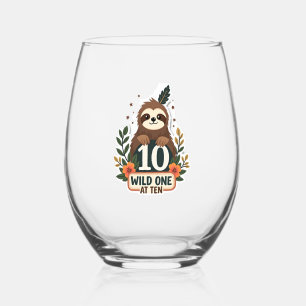 10th Birthday Sloth Vintage Wild One Shirt Stemless Wine Glass