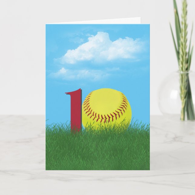 10th Birthday Softball In Green Grass Card (Front)
