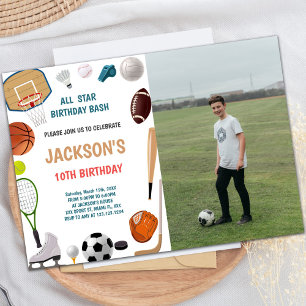 10th Birthday Sports Birthday Invitations w photo