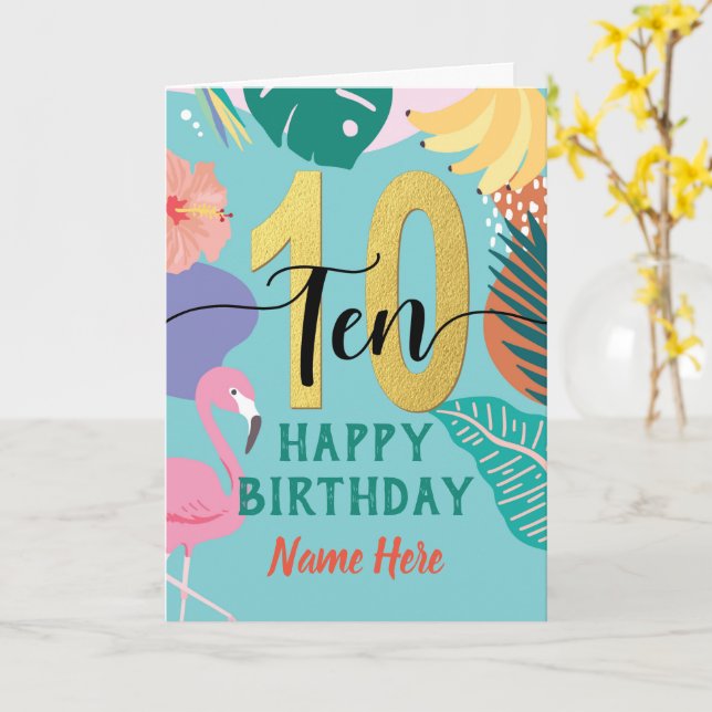 10th Birthday Tropical Floral Pink Flamingo Card (Yellow Flower)