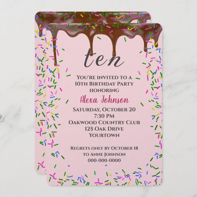 10th Birthday With Chocolate Icing And Sprinkles Invitation (Front/Back)