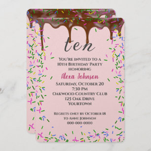 10th Birthday With Chocolate Icing And Sprinkles Invitation