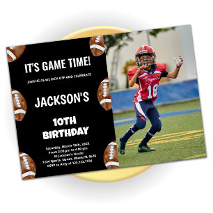 10th Black Football Birthday Invitations w Photo