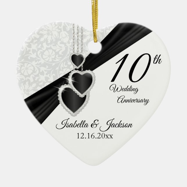 10th Black Onyx  and White Wedding Anniversary Ceramic Tree Decoration (Front)