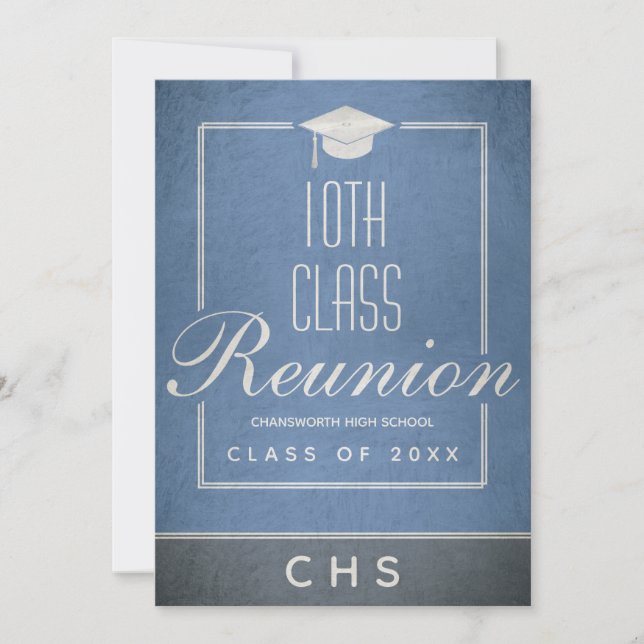 10th Class Reunion Elegant Script Blue Black Invitation (Front)