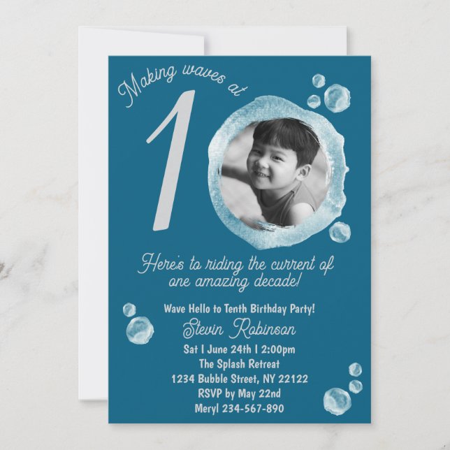 10th Dark Teal Bubble Birthday Party Invitation (Front)