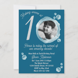 10th Dark Teal Bubble Birthday Party Invitation