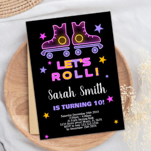 10th Neon Pink Purple Skating Birthday Invitations