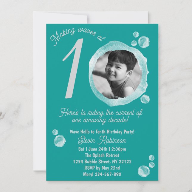 10th Ocean Teal Bubble Birthday Party Invitation (Front)