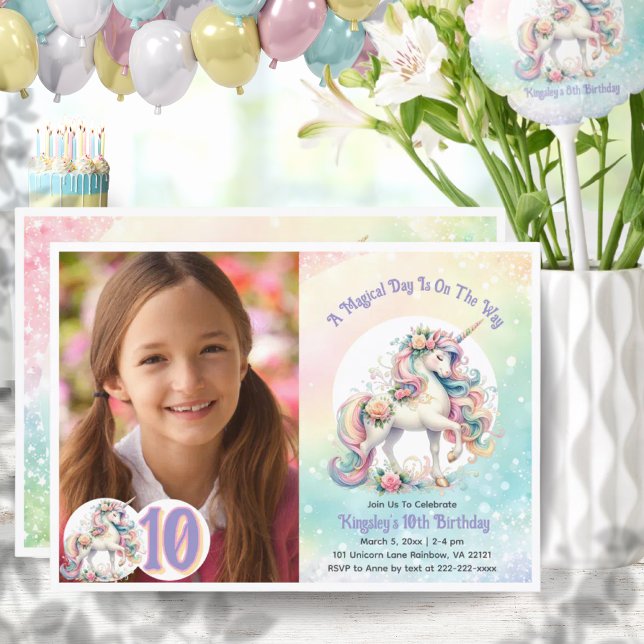 10th Tenth Unicorn Birthday Party Pastel Rainbow Invitation (10th Tenth Unicorn Birthday Party Pastel Rainbow Invitation)