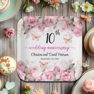 10th Tin Wedding Anniversary Blush Roses Paper Plate