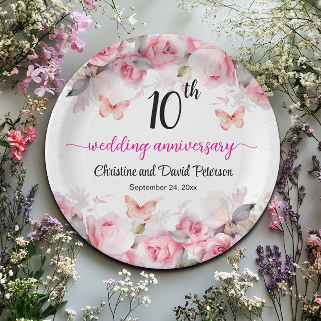 10th Tin Wedding Anniversary Blush Roses Paper Plate (Creator Uploaded)