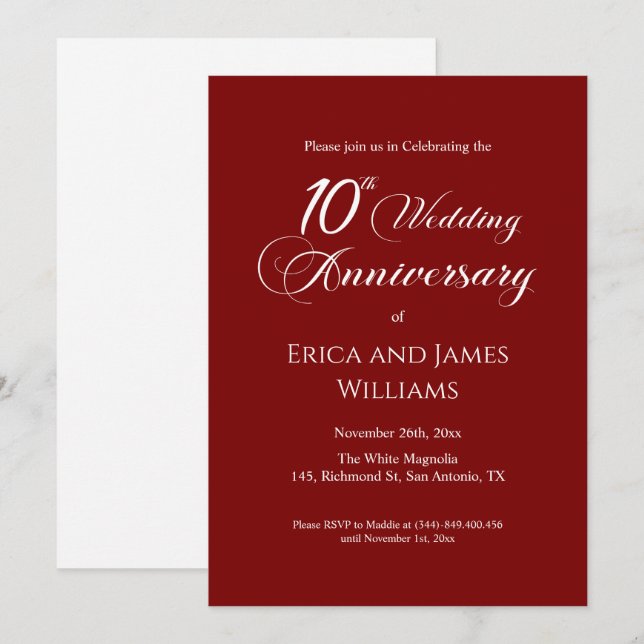 10th Tin Wedding Anniversary Elegant Script Invitation (Front/Back)