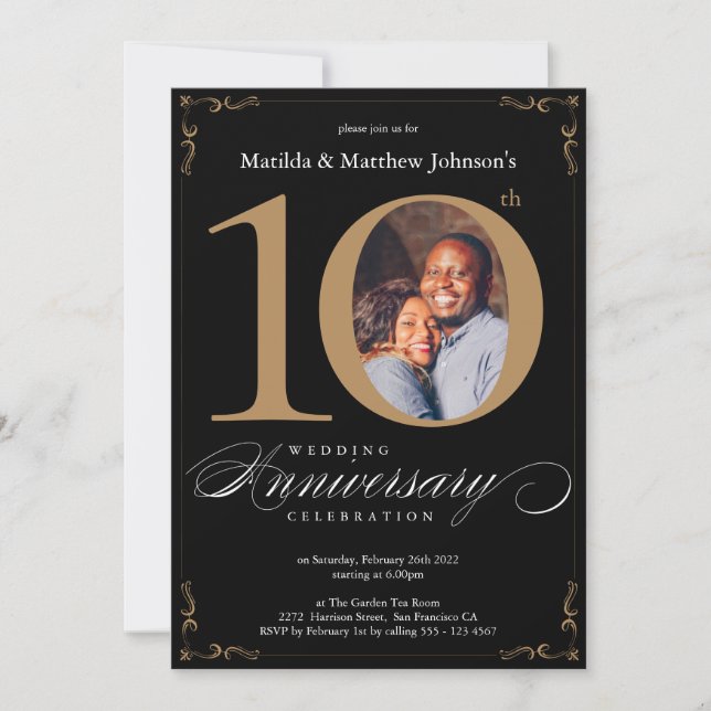 10th Wedding Anniversary Black Gold Calligraphy Invitation (Front)