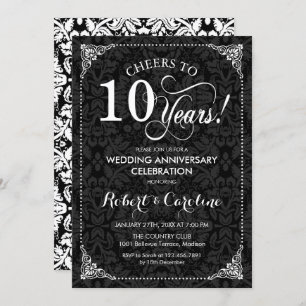 10th Wedding Anniversary - Black White Damask Invitation