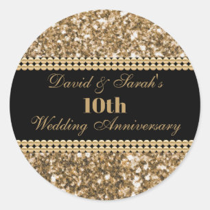 10th Wedding Anniversary Celebration Gold Glitter Classic Round Sticker