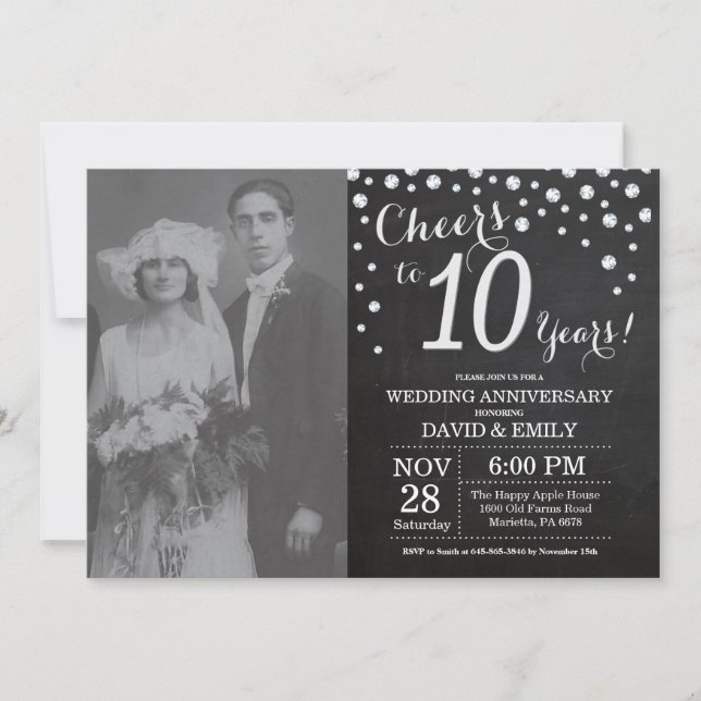 10th Wedding Anniversary Chalkboard Black Silver Invitation (Front)