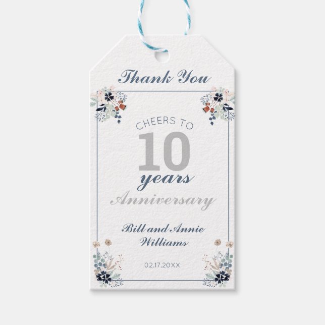 10th Wedding Anniversary Cheers to 10 Years Party Gift Tags (Front)
