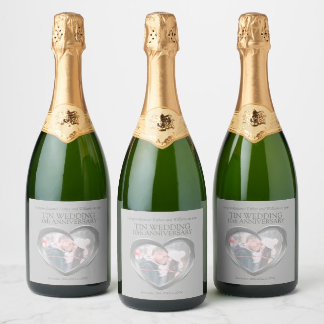 10th wedding anniversary custom tin heart photo sparkling wine label (Bottles)