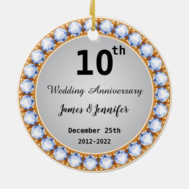 10th Wedding Anniversary diamond Custom Names  Ceramic Ornament (Back)