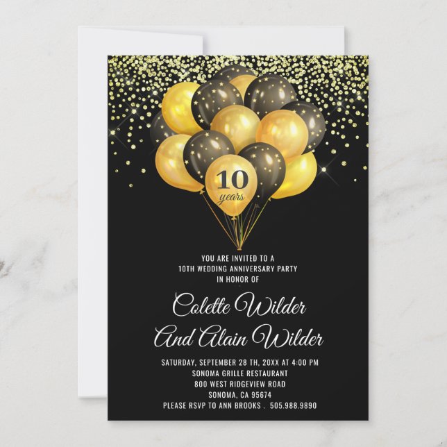 10th Wedding Anniversary Gold And Black Invitation (Front)
