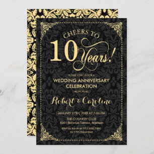 10th Wedding Anniversary - Gold Black Damask Invitation