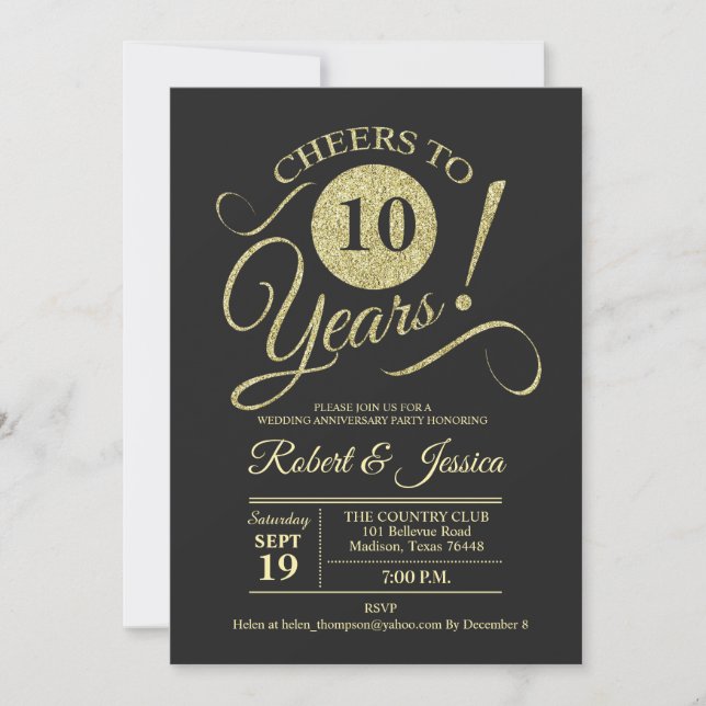 10th Wedding Anniversary Gold Chalkboard Pattern Invitation (Front)