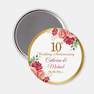 10th Wedding Anniversary Gold Frame Floral Magnet