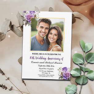 10th Wedding Anniversary Gold Frame Purple Roses Invitation