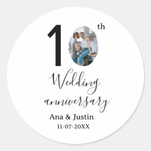 10th wedding anniversary name photo bold letter st classic round sticker