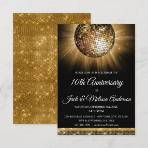 10th Wedding Anniversary Party Gold Disco Ball Invitation