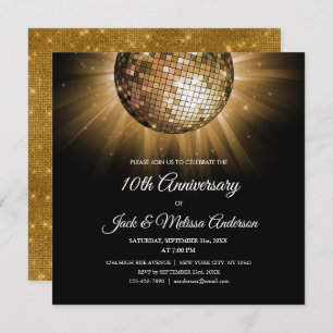 10th Wedding Anniversary Party Gold Disco Ball Invitation
