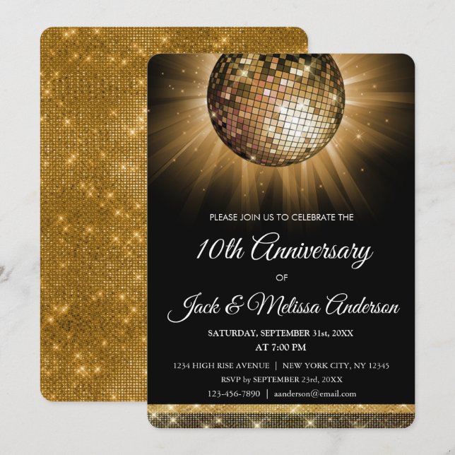 10th Wedding Anniversary Party Gold Disco Ball Invitation (Front/Back)