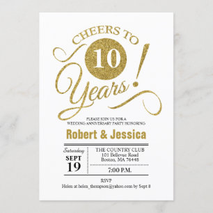 10th Wedding Anniversary Party - Gold White Invitation