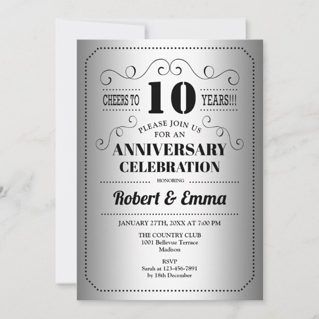 10th Wedding Anniversary Party - Silver Black Invitation (Front)