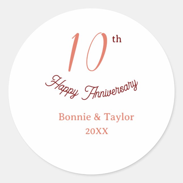 10th wedding anniversary peach pastel name retro b classic round sticker (Front)