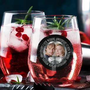 10th Wedding Anniversary Photo Names Date Stemless Wine Glass