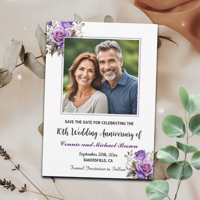 10th Wedding Anniversary Purple Roses Photo Save The Date (Creator Uploaded)