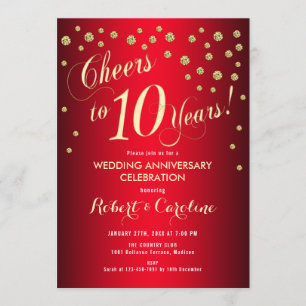 10th Wedding Anniversary - Red & Gold Invitation