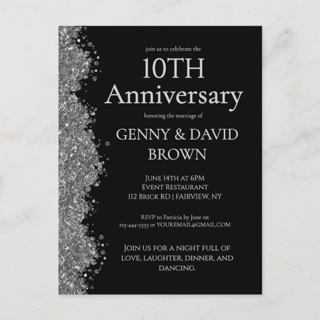 10th Wedding Anniversary Silver Faux Glitter  Postcard (Front)