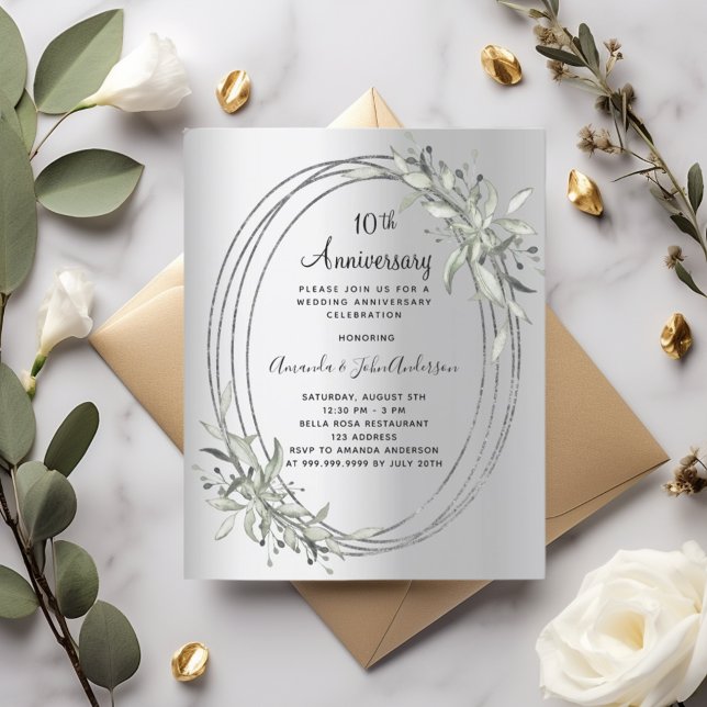10th wedding anniversary silver foliage invitation (Creator Uploaded)