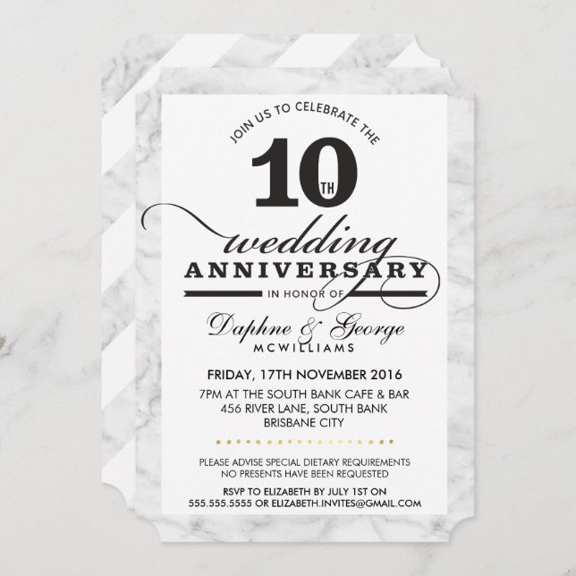10TH WEDDING ANNIVERSARY stylish grey marble black Invitation (Front/Back)